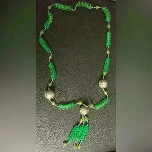 Vintage 1970s green and silver plastic beaded tassel necklace